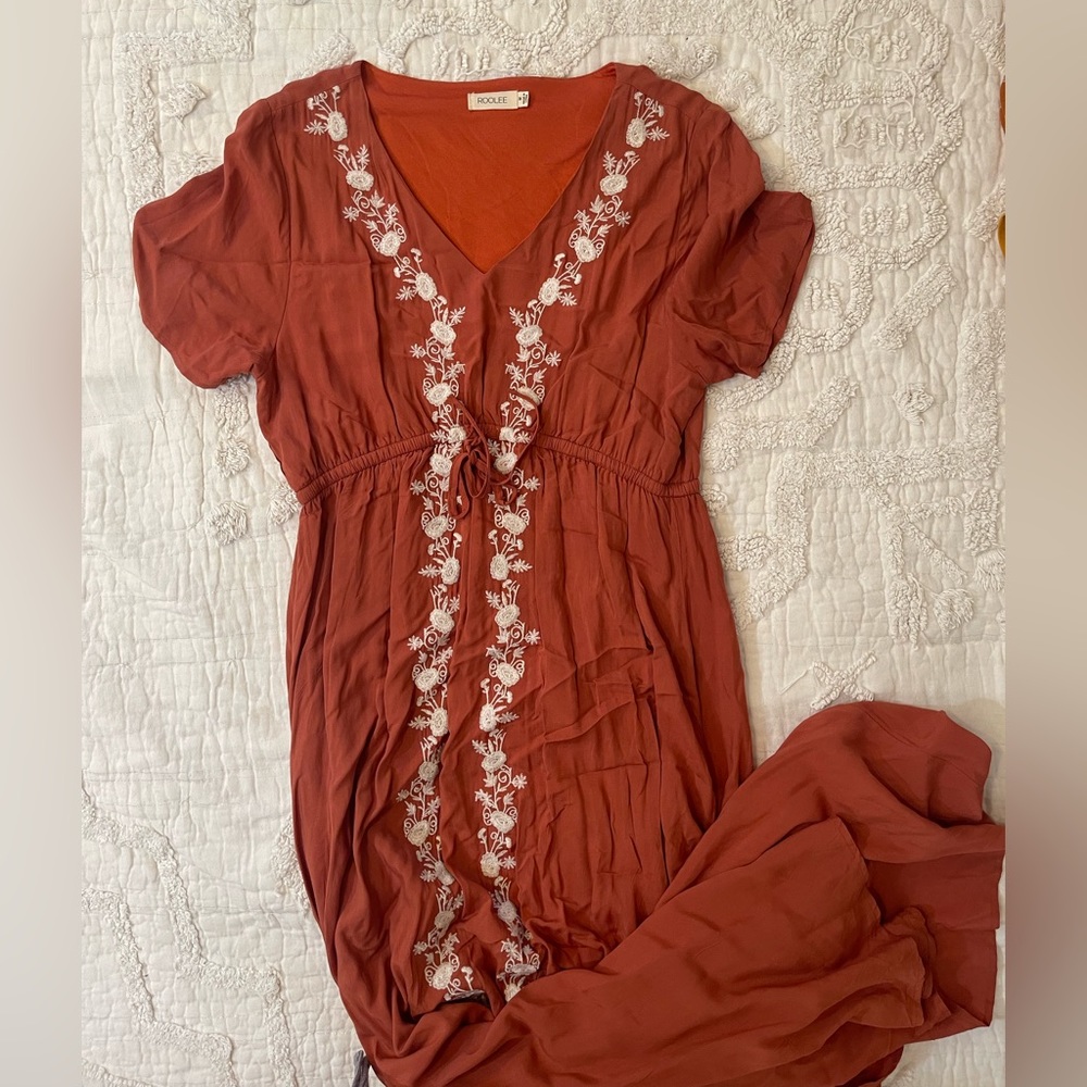 Roolee Rust Maxi Dress with White Embroidery